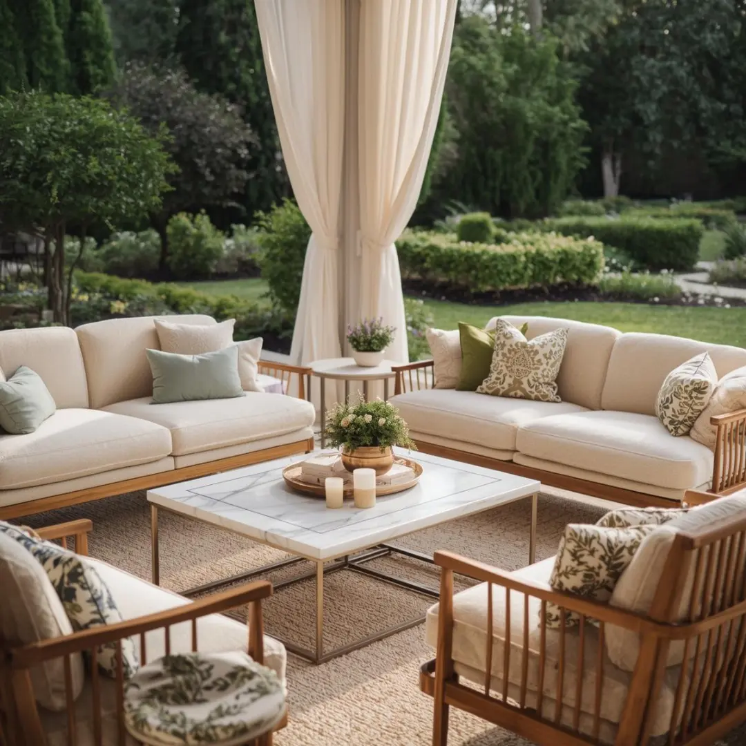 Elegant outdoor event lounge with cream boucle sofas and marble coffee table